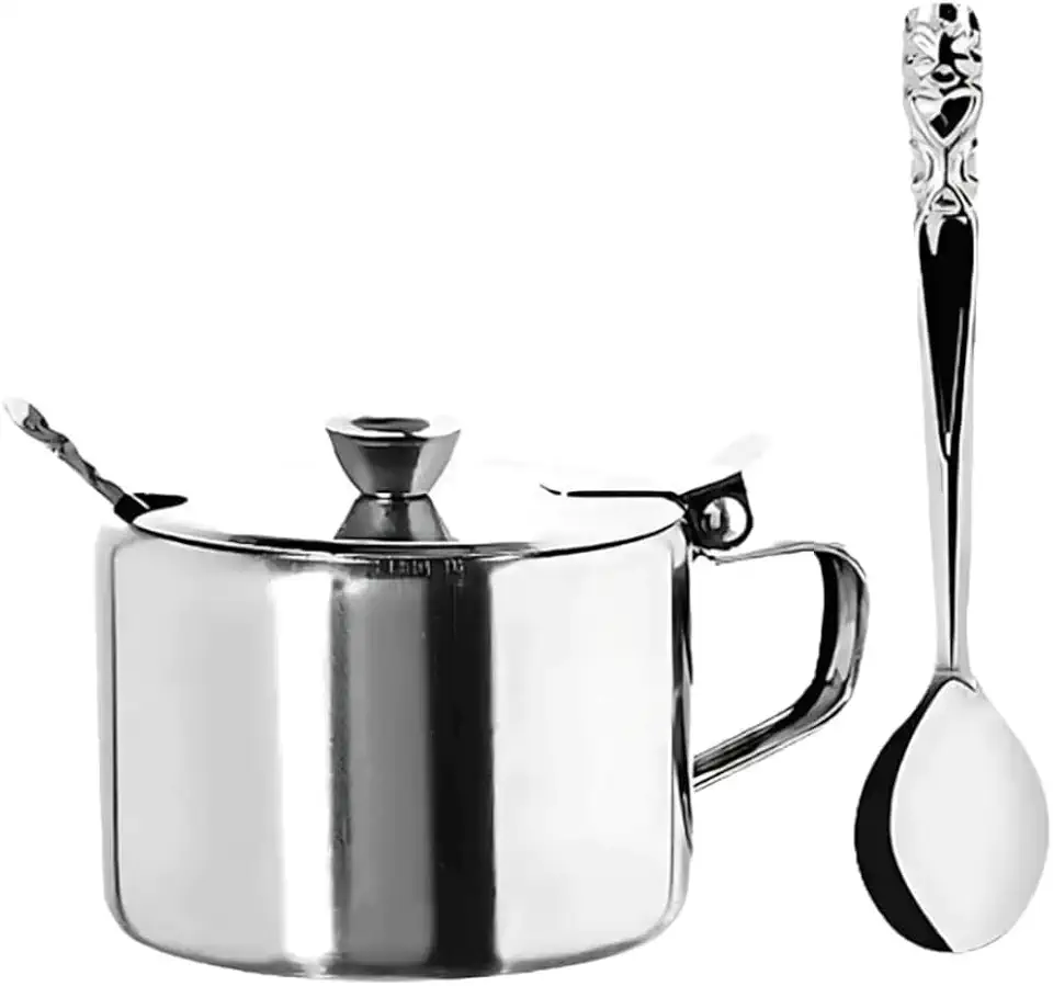 Açucareiro em Aço Inox, 420ml, com Colher e Tampa Articulada Para Casa, Lanchonete, Restaurante, Café, Suco, Chá, Capuccino