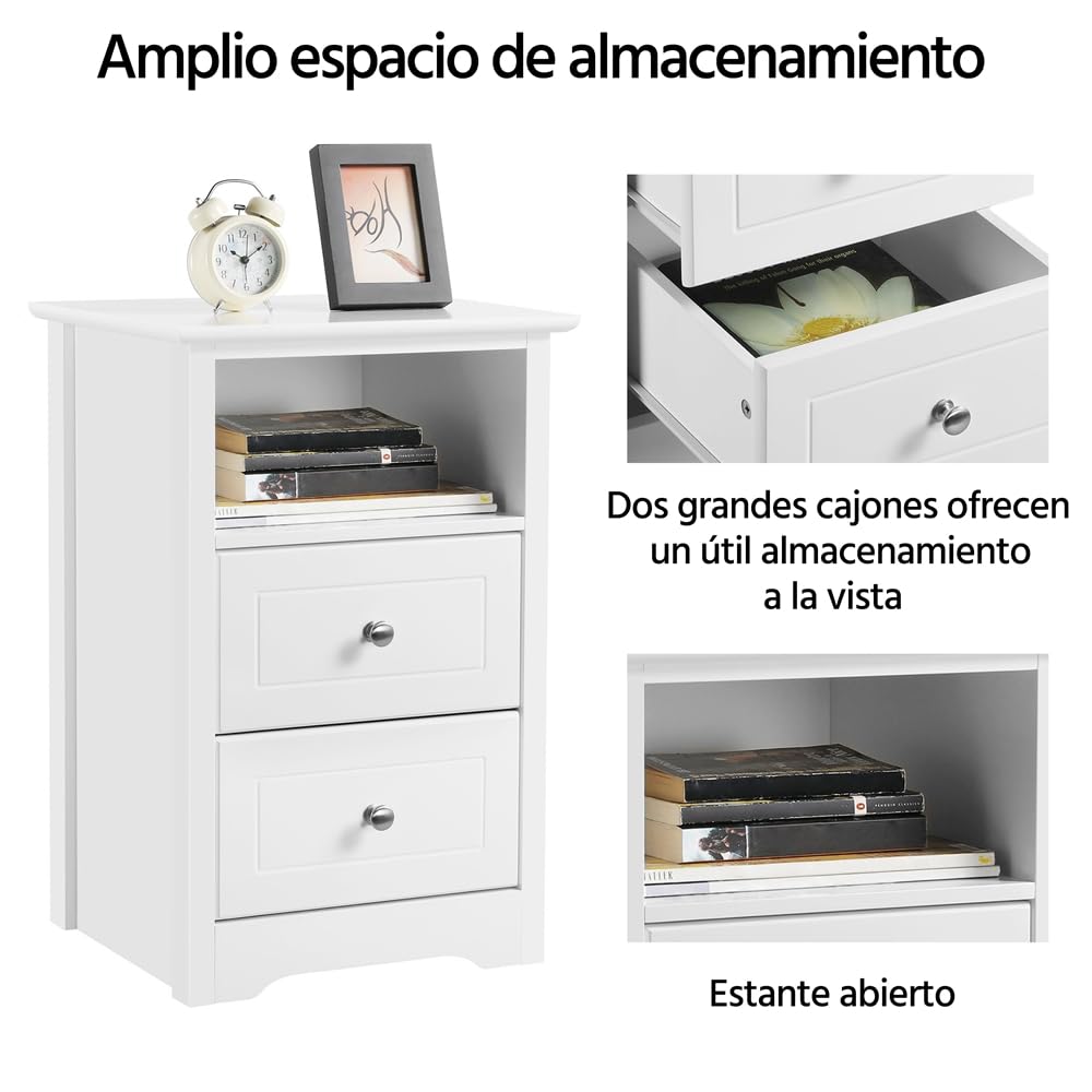 Yaheetech Mesitas de Noche con 2 Cajones 40x35x60cm Mesillas de Noche Vintage para Dormitorio Mesita de Madera Lacada para Cama Blanco