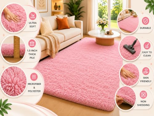 Image of Shaggy Carpet 3x5 Ft for Living Room & Bedroom (Pink)