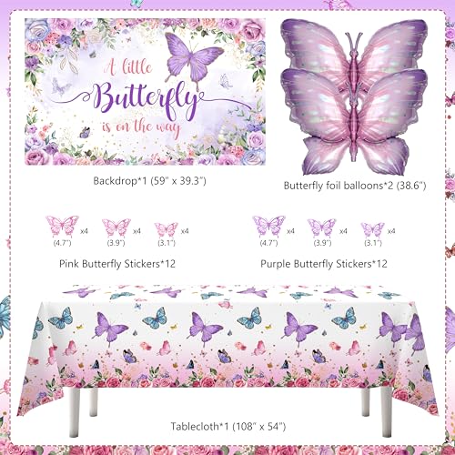 Image of TREWAVE Butterfly Baby Shower Decorations for Girls A Little Butterfly Is On The Way Party Backdrop Cake Toppers Stickers Pink Purple Balloons Boxes for Girl Birthday Baby Shower Decor