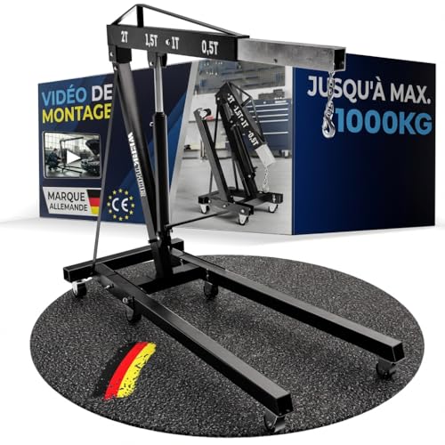 WERKTHOR Grue D Atelier 1000kg Pliable | Grue de Levage Hydraulique 1T 6 roulettes | Grue Atelier Professionnelle pour Moteur & Support Moteur Atelier