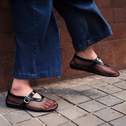 MUCCCUTE Mesh Ballet Flats for Women Mary Jane Flats Ballerina Round Toe Buckle Strap Fishnet Patent Leather Trimmed Comfy Shoes4