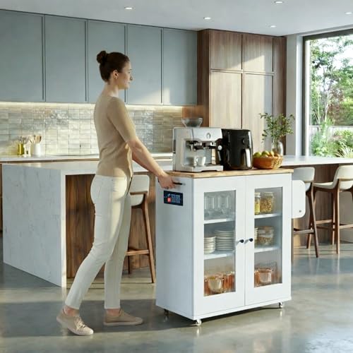 Image of Rocco Walky Kitchen Island Storage Cabinet with Wheels, Solid Rubber Wood Top, Fluted Acrylic Doors, Built-in Power Sockets & LED Lights, Soft-Close Hinges & Side Organizer (White, Medium Size)