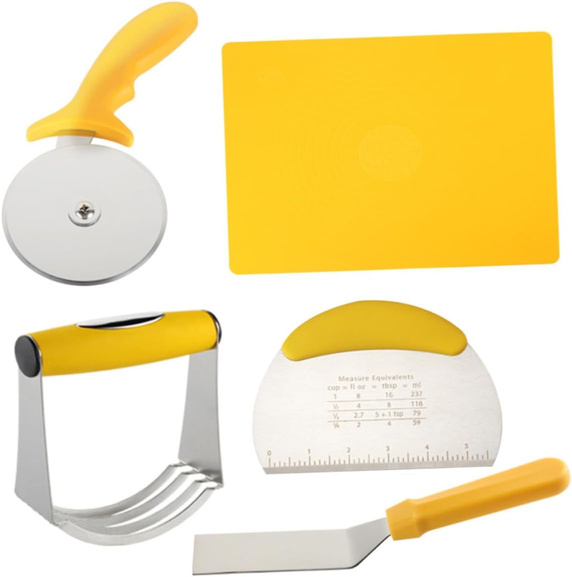 SOLUSTRE 5pcs Stainless Steel Pizza Shovel and Cutter Set with Silicone Dough Kneading Mat and Measurement Scale, Kitchen Dough Tools for Baking and Cooking