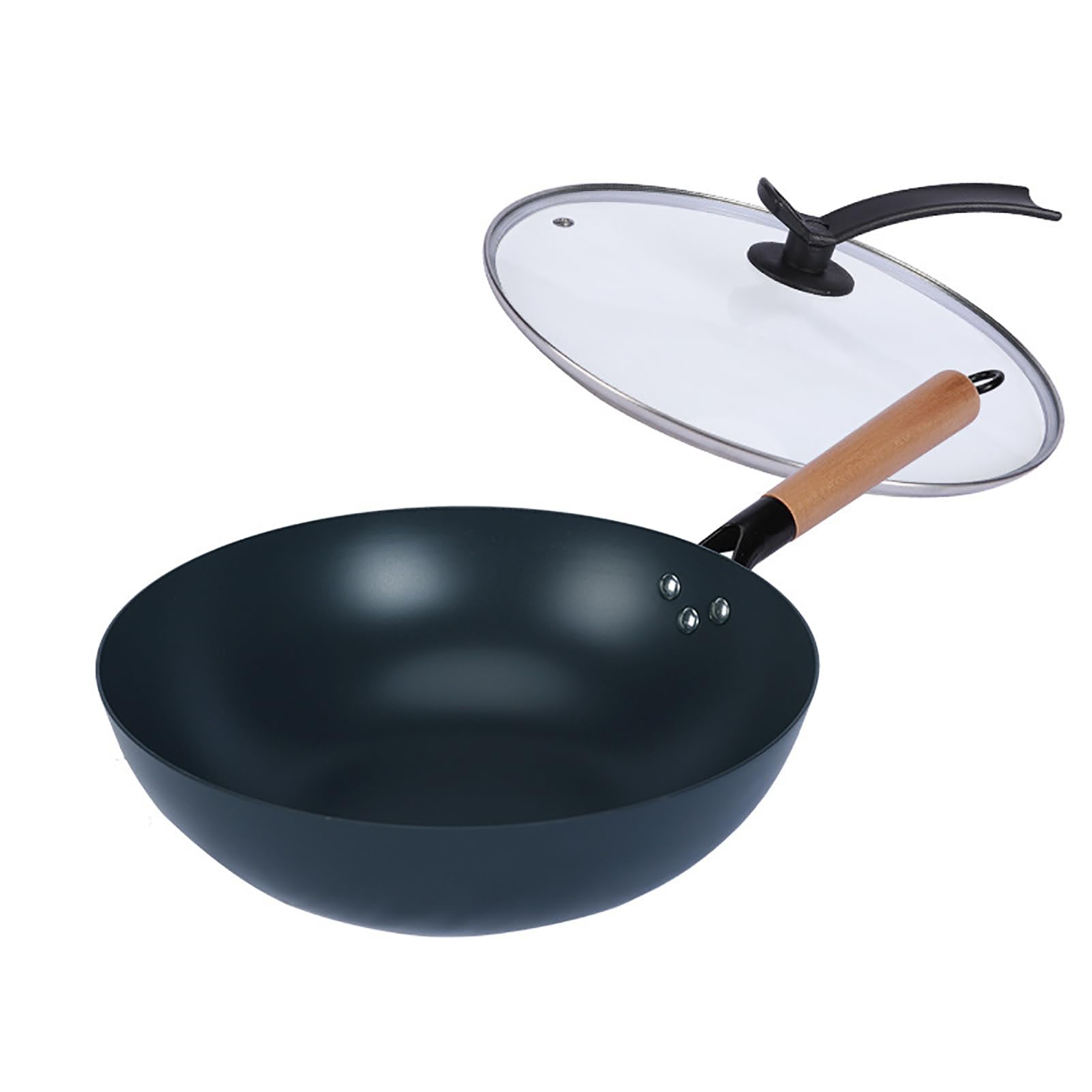 32cm Bratpfanne Wok mit Deckel Eisenpfanne: Massivholzgriff Induktionsgeeignet Geschmiedet Eisenpfanne mit Glasabdeckung für Hobbyköche und Profis (32cm)