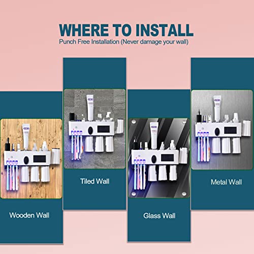 Bathroom Uv Toothbrush Holder Set Wall Mounted,Usb Rechargeable Electric Toothbrush Cleaner Sanitizer Organizer With Toothpaste Dispenser,4 Suction Mugs Cups,Storage Rack,Sterilization Function,White #TOP4