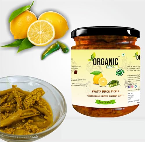 Image of Organic Anand Homemade Natural Green Chilli Pickle 500 Gram Hari Mirchi Ka Achar Dipped in Lemon Juice Khatta Spicy No preservative