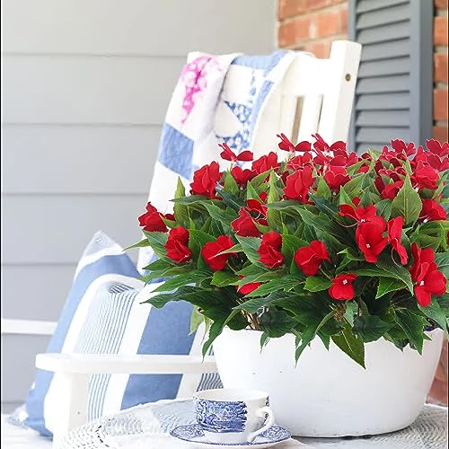 2 Pcs Artificial Impatiens Flowers for Outdoors Faux Impatiens Bushes Red Silk Flowers Greenery Faux Flowers for Outdoor Planters Patio Lawn Garden Balcony Pot Hanging Basket Porch image 6
