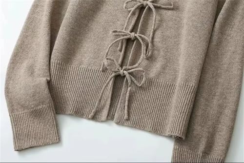 Women Business Formal Lace Up Cropped Casual V Neck Cardigan Vintage Long Sleeve Knitted Outerwear4