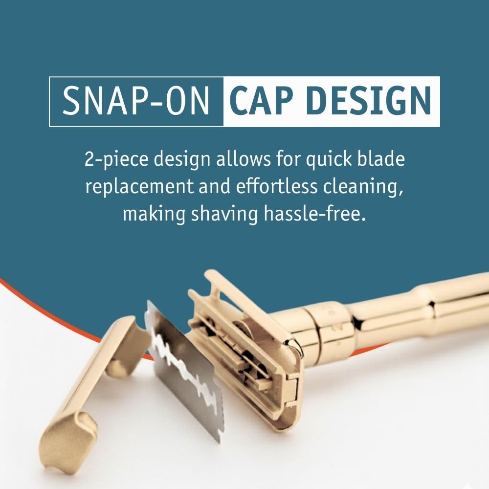 MERKUR FUTUR 702 Adjustable Double Edge Safety Razor - 18k Gold Plated Shine, Adjustable Razor With Dial, Made in Germany, Plastic-Free, Snap-On Cap Design, Straight Bar 4