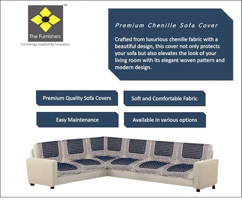 Image of Premium Chenille Woven Anti-Slip 6 Seater L-Shape Sofa Cover | L-Shape Sofa Seat Protector for Living Room | Durable & Stylish Slipcover - Navy Blue - 3D
