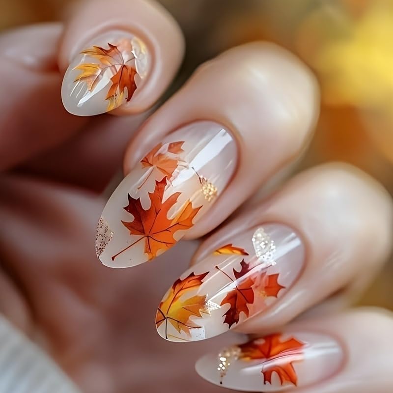 Glitter Maple Leaf Press on Nails Medium Almond Fake Nails Red Yellow Maple Leaves Designs False Nails Dark Brown Glossy Full Cover Artificial Glue on Nails for Women autumn Manicure Decoration 24Pcs