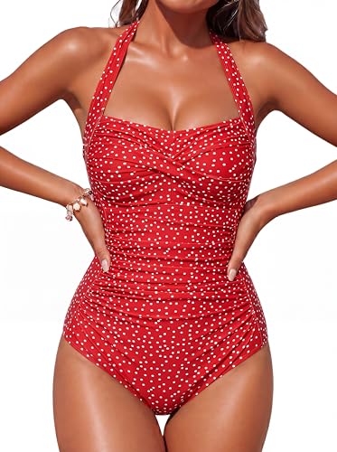 Image of Smismivo Tummy Control Swimwear Halter One Piece Slimming Vintage Retro Swimsuit Womens Ruched Push Up Bathing Suit