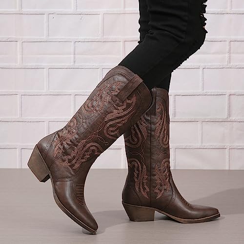 Image of SelRoys Cowboy Boots for Women Cowgirl Mid Calf Western Boots Embroidered Stitched Pointed Toe Chunky Block Heel Brown Red Black US5-11