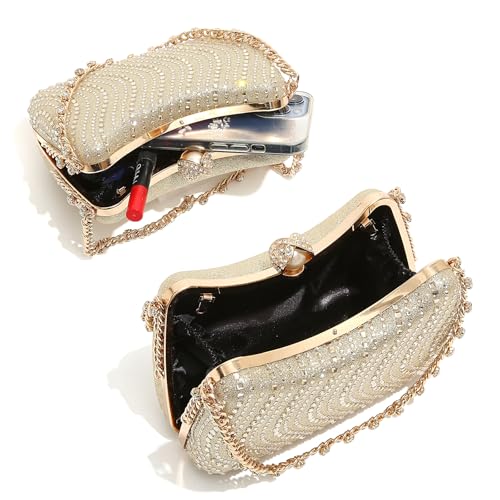 Image of Women's Clutch Crystal Rhinestone Purse With Chain Pearl Clasp Evening Wedding Diamond Handbag