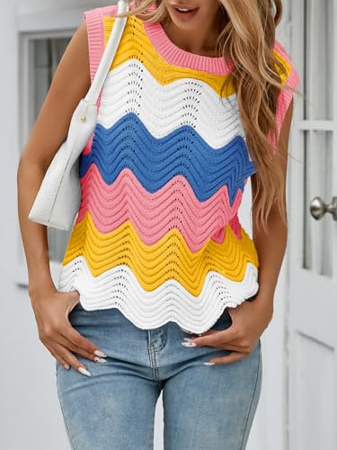 Saodimallsu Womens Summer Striped Tank Top Sleeveless Rainbow Knit Crew Neck Color Block Going Out Cropped Sweater Vest4