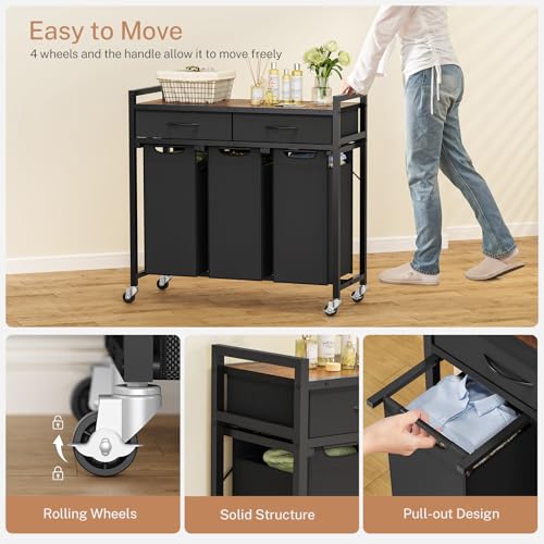 Image of Laundry Sorter 3 Section, 120 L Laundry Hamper with 2 Drawers & 2-tone Top Panel, Rolling Laundry Basket Organizer with Pull-Out Removable Oxford Fabric Bags for Laundry Room Organization UNZYL006BVV3