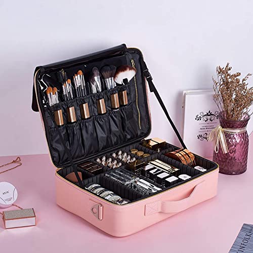 Image of Adson Large Makeup Bag 3 Layers Professional Train Cosmetic Bag Makeup Organizer Case Artist Storage Brush Box with Adjustable Dividers and Strap for Makeup Accessories (Rose Pink)