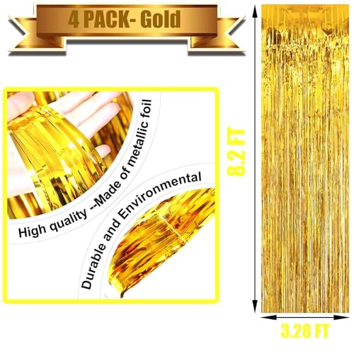 Image of 4 Pack Gold Foil Fringe Curtain Backdrop, 3.28Ft x 8.2Ft Metallic Tinsel Foil Fringe Streamer Curtains for Photo Booth Props, Birthday, Wedding, New Year's, Christmas Decoration Party Supplies New