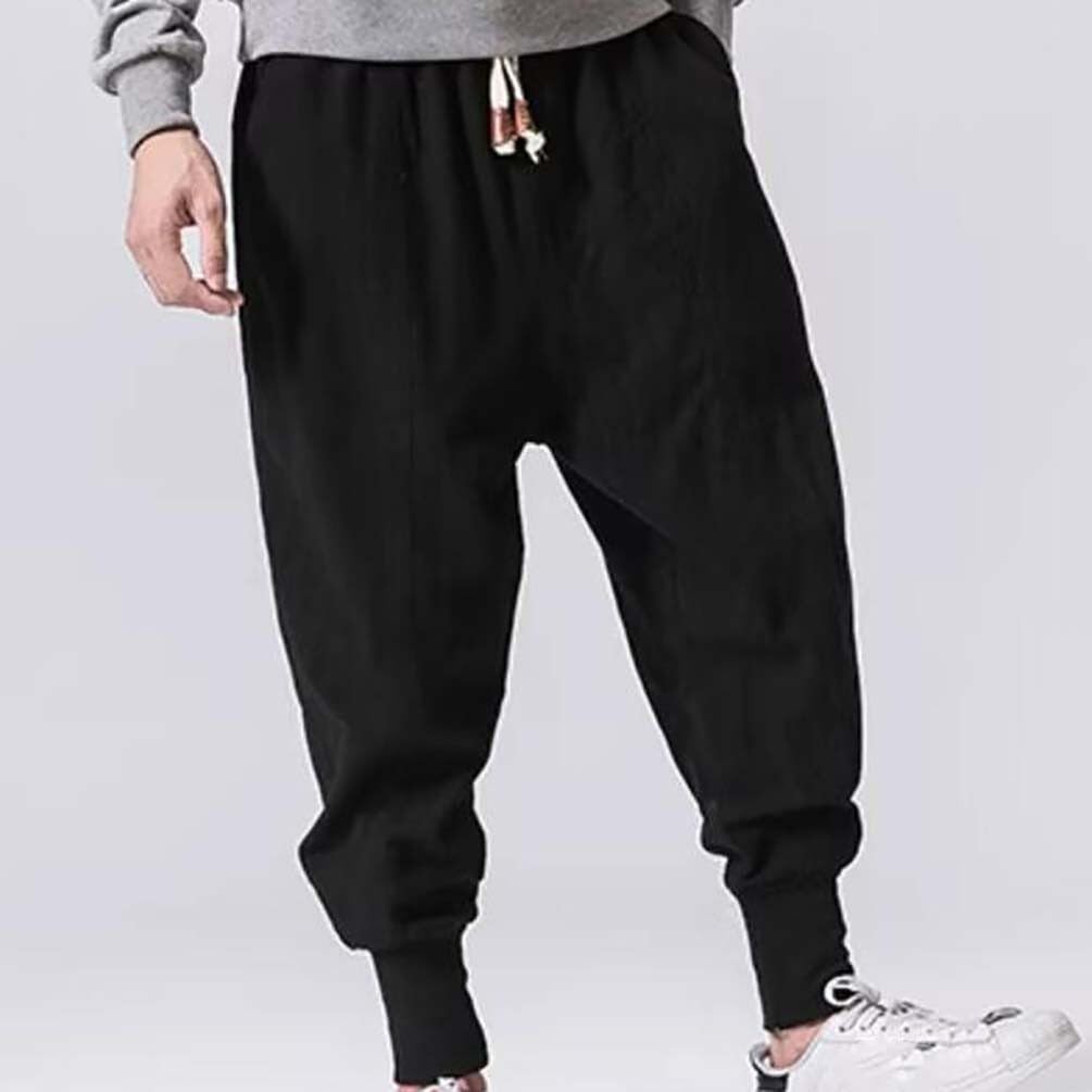 Męskie spodnie do biegania, lniane spodnie, spodnie dresowe z niskim krokiem, slim fit, spodnie haremowe hip-hopowe z kieszeniami