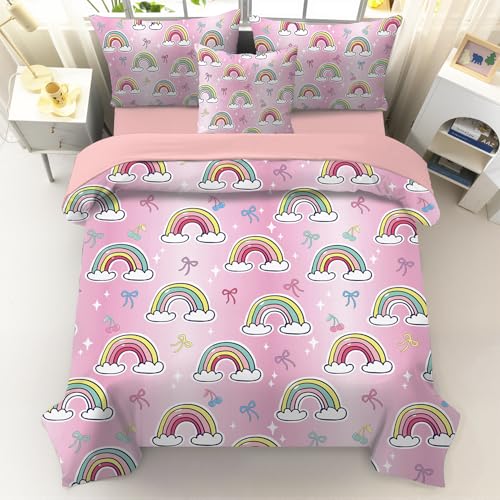 Image of 6 Pieces Girls Rainbow Bedding Set - Tie Dye Pink Bow Comforter Set for Kids Teens - Colorful Bow Knots Bed in A Bag Sheets Set (Rainbow Bowknot, Twin)