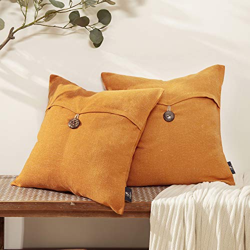 Phantoscope Pack of 2 Farmhouse Throw Pillow Covers Button Vintage Linen Decorative Pillow Cases for Couch Bed and Chair, Orange, 18 x 18 inches, 45 x 45 cm