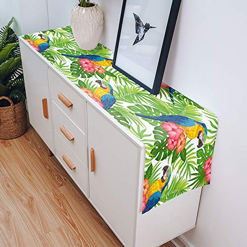 Custom Bed Usa Tropical Jungle Table Runner For Farmhouse Holiday Parties, Linen Burlap Table Runner Dresser Scarves Dining Table Decor 13X36 Inch, Parrot Flowers Green Leaves Theme #TOP4