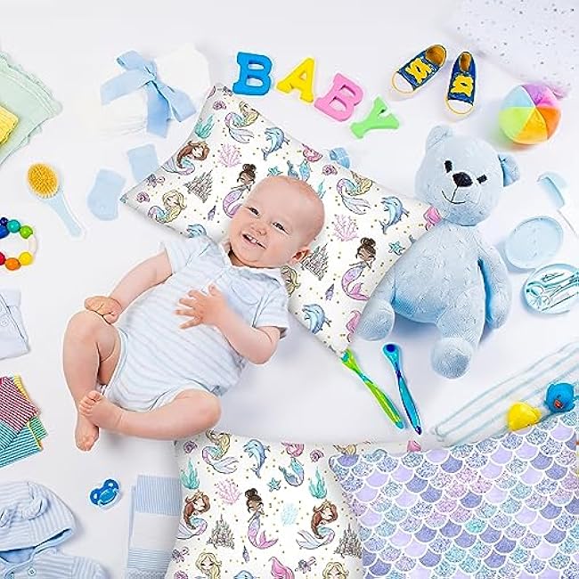 Ganeen 2 Pcs Mermaid Toddler Pillowcase Sized 14 x 19 Fits 12 x 16 or 13 x 18 Cotton Pillow Cover Kids Soft Pillowcase for Travel Girl Boy Infant Sleep(Mermaid)