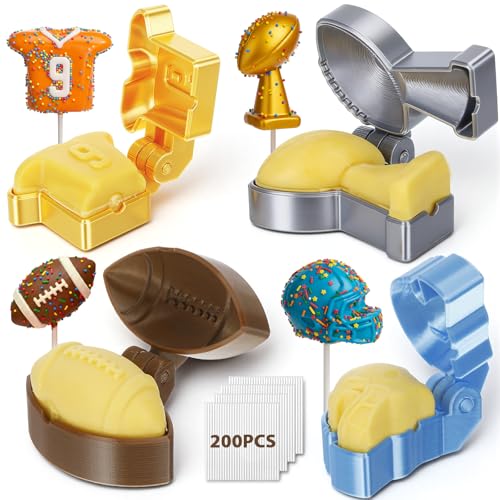 Yiyiring 4 Pcs Football Cake Pop Mold Set Rugby Shaped Cake Pop Cutter and Pusher with 200 Sticks Jersey & Helmet & Trophies & Football Molds 2026 New 3D Baking Tools for Sport Themed Game Party