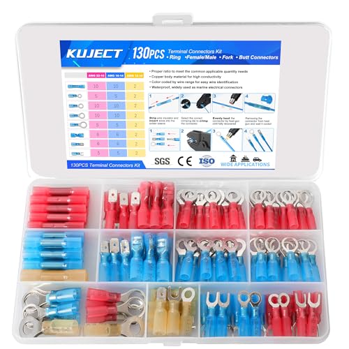 Image of Kuject 130PCS Heat Shrink Wire Connectors Kit, Electrical Waterproof Crimp Butt Terminals, Insulated Spade Connectors for Automotive Marine Boat Truck, Include Rings Forks Spade Butt Splices