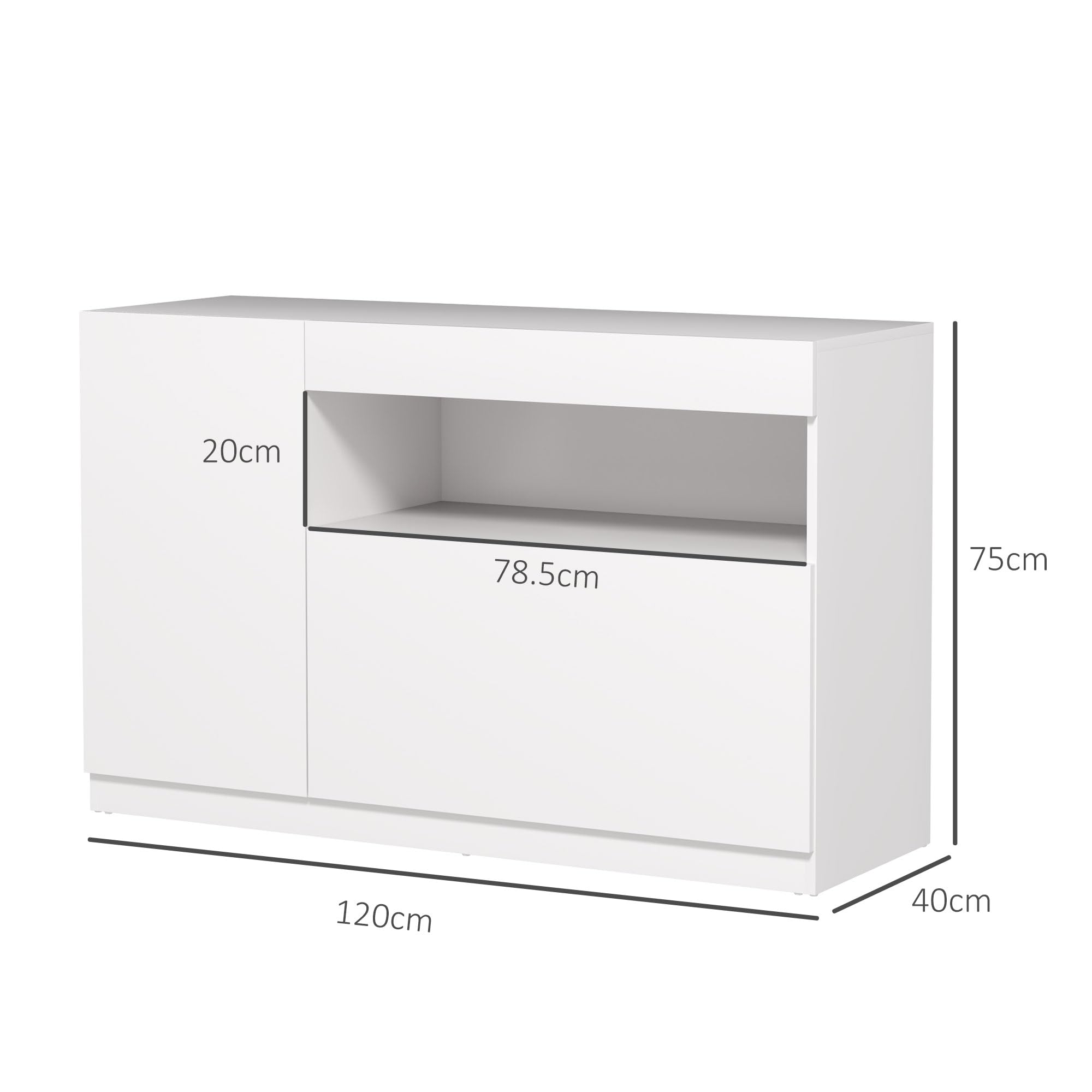 HOMCOM Credenza Cucina Bassa con Ante Ammortizzate, Mobile Buffet con 2 Armadietti, Scaffale Aperto, 2 Fori Passacavi, Ripiano Regolabile e Sistema Antiribaltamento, Bianco