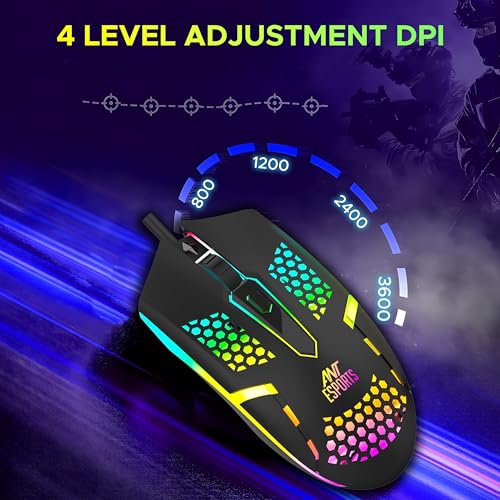 Image of Ant Esports GM1103 Wired Gaming Mouse, 800-3600 DPI Adjustable Optical Sensor, RGB Multicolor Backlight, 4 Buttons, Ergonomic,1.5m Cable, 3300 FPS, Lightweight USB Mouse for PC, Laptop, Mac & Windows