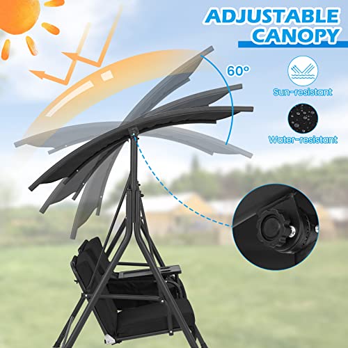 Image of Tangkula 2 Person Porch Swing, Outdoor Swing with Pivot Storage Table, Cooler Bag, 2 Cup Holders, Removable Cushions, Patio Swing with Canopy for Backyard Balcony Poolside (Black)