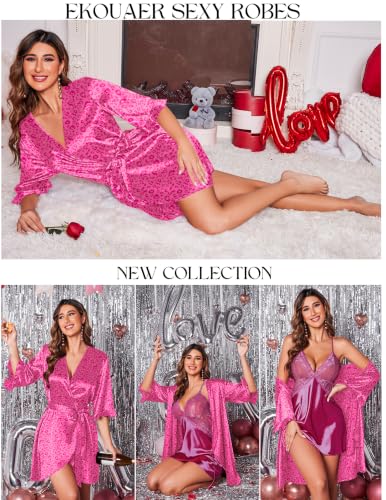 Image of Ekouaer Women's Satin Robe Valentines Lingerie for Women Kimono Bathrobe Short Ruffle Belted Robes Bridesmaids Sleepwear