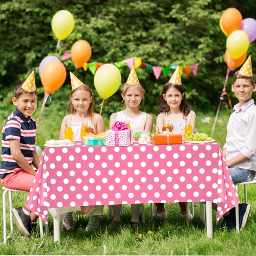 Image of WNINK 6 Pack Pink and White Polka Dot Tablecloths - Disposable Plastic Waterproof Table Cover, 54 inch x 108 inch, for Birthday, Wedding, Bridal Shower, Bachelor, Pink Girl Party, and Picnic