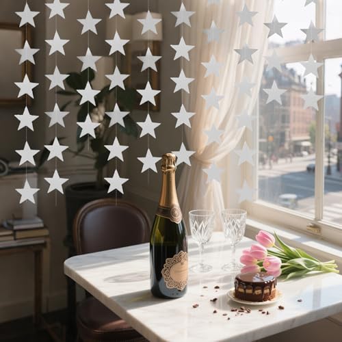 Image of Glitter Star Garland Banner Decor 130 Feet Silver Star Garland Hanging Bunting Banner Backdrop for Graduation Wedding Birthday Holiday Party