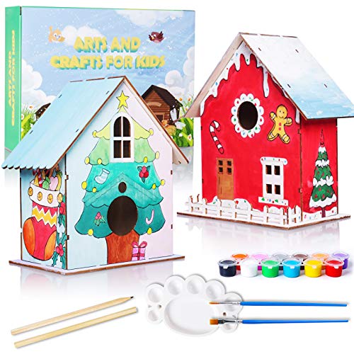 Arts and Crafts Wooden House for Kid Ages 4-8,Wooden House Arts Build and Paint for Home Decoration, Kids House Supplies Party Favors ,Pack Wood Building and 12 Color Paints and Brushes with Pencil Arts and Crafts Wooden House for Kid Ages 4-8,Wooden House Arts Build and Paint for Home Decoration, Kids House Supplies Party Favors ,Pack Wood Building and 12 Color Paints and Brushes with Pencil