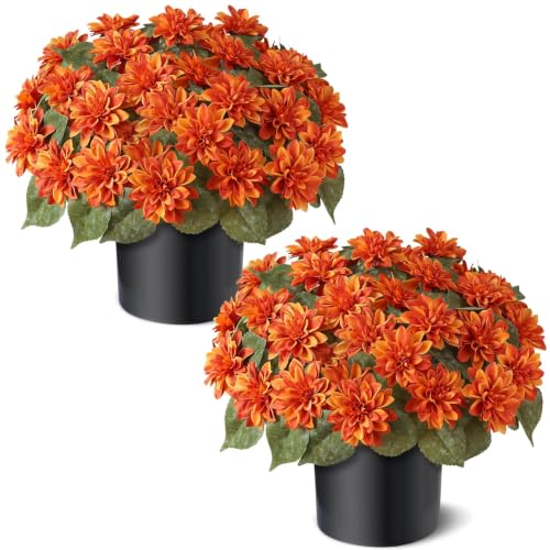 2 Set 20Fall Artificial Dahlia Flower Topiary Ball Trees for Porch(Orange)