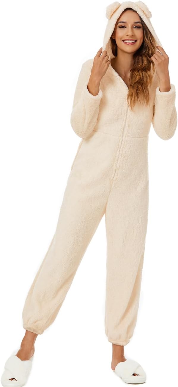 Women's Warm Fuzzy Fleece Hooded Romper Pant Playsuit Jumpsuit, Fleece Pants Pajama Set Sleepwear Jumpsuit (Cream White, S) - Image 3