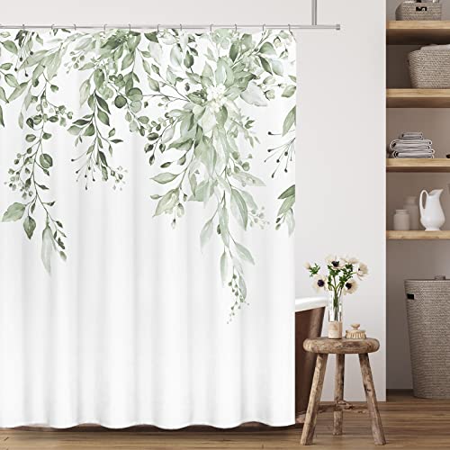 Tititex Lime Light Green Eucalyptus Shower Curtain Sets, Watercolor Leaves on The Top Plant with Floral Bathroom Decoration 72x84 Inch with Hooks