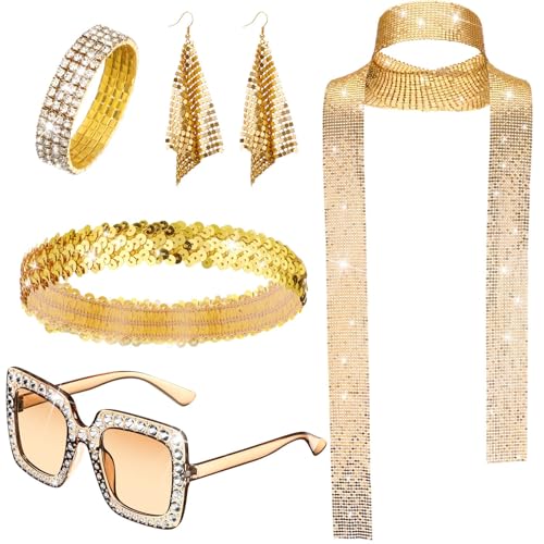 NebulaGlam Conjunto de Disfraz de Discoteca, 1970s Set de Accesorios Disfra Disfraz, 70 Mujer Lentejuelas Accesorios para Mujer 70s 80s Discoteca Fiesta Temática Navidad Carnaval (Oro)