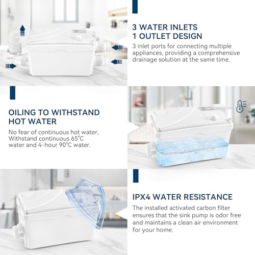 Image of 500W Utility Sink Pump with PCB Function Upgrade Structure Upflush to 23FT 1600GPH Under Sink Pump with 3 Water Inlets 1 Outlet Macerating Toilet System for Sink Shower Urinal Kitchen Basement