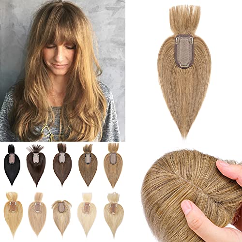 S-noilite 12" Human Hair Crown Toppers with Bangs Blonde 150% Density Silk Base Clip in Top Hairpieces with Fringe For Women with Thinning Hair Remy Hair Toupee Wiglet 38g #27 Dark Blonde