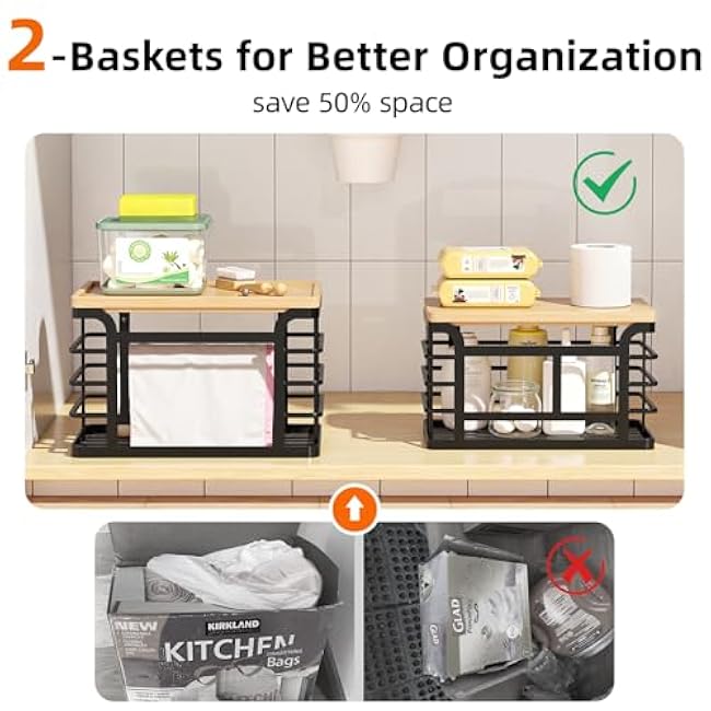 3 Pack Under Sink Organizers with Sliding Drawers & 2 Pack Stackable Trash Bag Holder with Bamboo Top