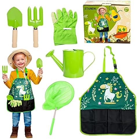 Childrens Gardening Set, Stanew Kids Garden Tool Set, Kid's Gardening Gift, Childs outdoor Gardening Set, Fishing Net, Apron, Kettle For Kids Cover