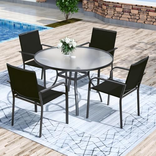 Image of Anmutig 5-Piece Outdoor Patio Dining Set, 40-Inch Round Glass Table with 4 Stackable Chairs, Black