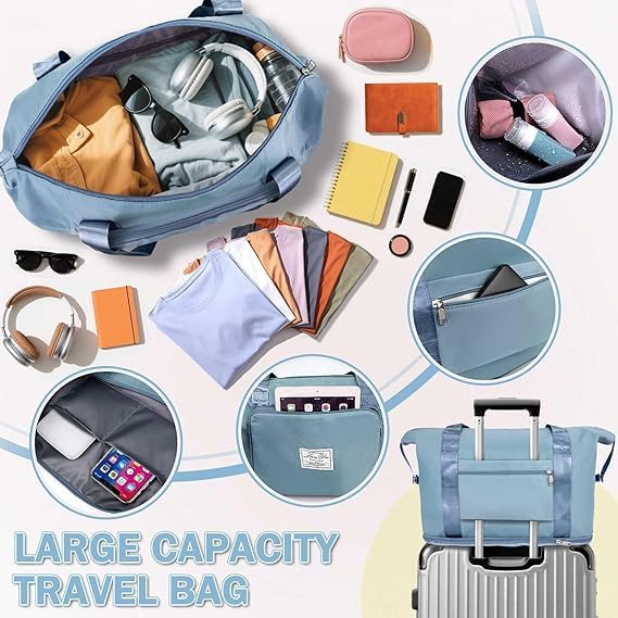 Image of JD Fresh 41 Liter Foldable Travel Bags for Women /Nylon Duffle Bags /Expandable Vanity Travelling Luggage Handbags /Waterproof & Lightweight Shopping Bag for Personal Items (Sky Blue)