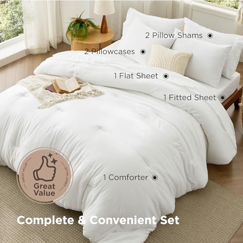 Image of Bedsure White King Comforter Set, Soft Bed in a Bag 7 Pieces, Alternative Bedding for All Seasons, Breathable Marshmallow Prewashed Bed Set with Comforters, Sheets, Pillowcases & Shams