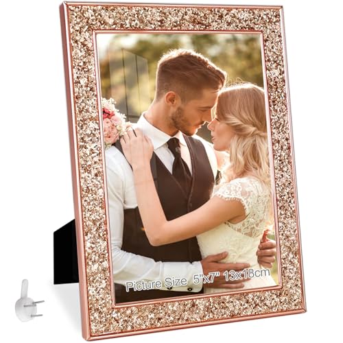 HIKWADERY 5x7 Picture Frame Glitter Rose Gold Bling 5 by 7 Photo Frames with HD Real Glass for Wall or Tabletop Display Family Friends Wedding Mothers Day Gift (5 x 7 Rose Gold)