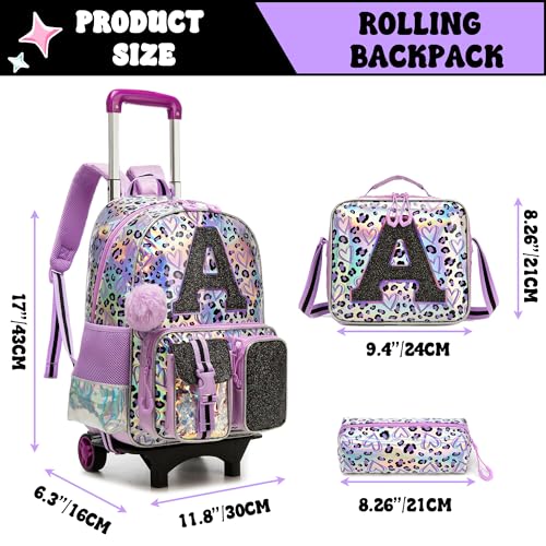 Image of HTgroce Kids Rolling Backpack for Girls Backpack with Wheels 3pcs Rolling Backpacks for Kids, 16.5 inch Roller Backpacks for Girls with Lunch Box Pencil Case
